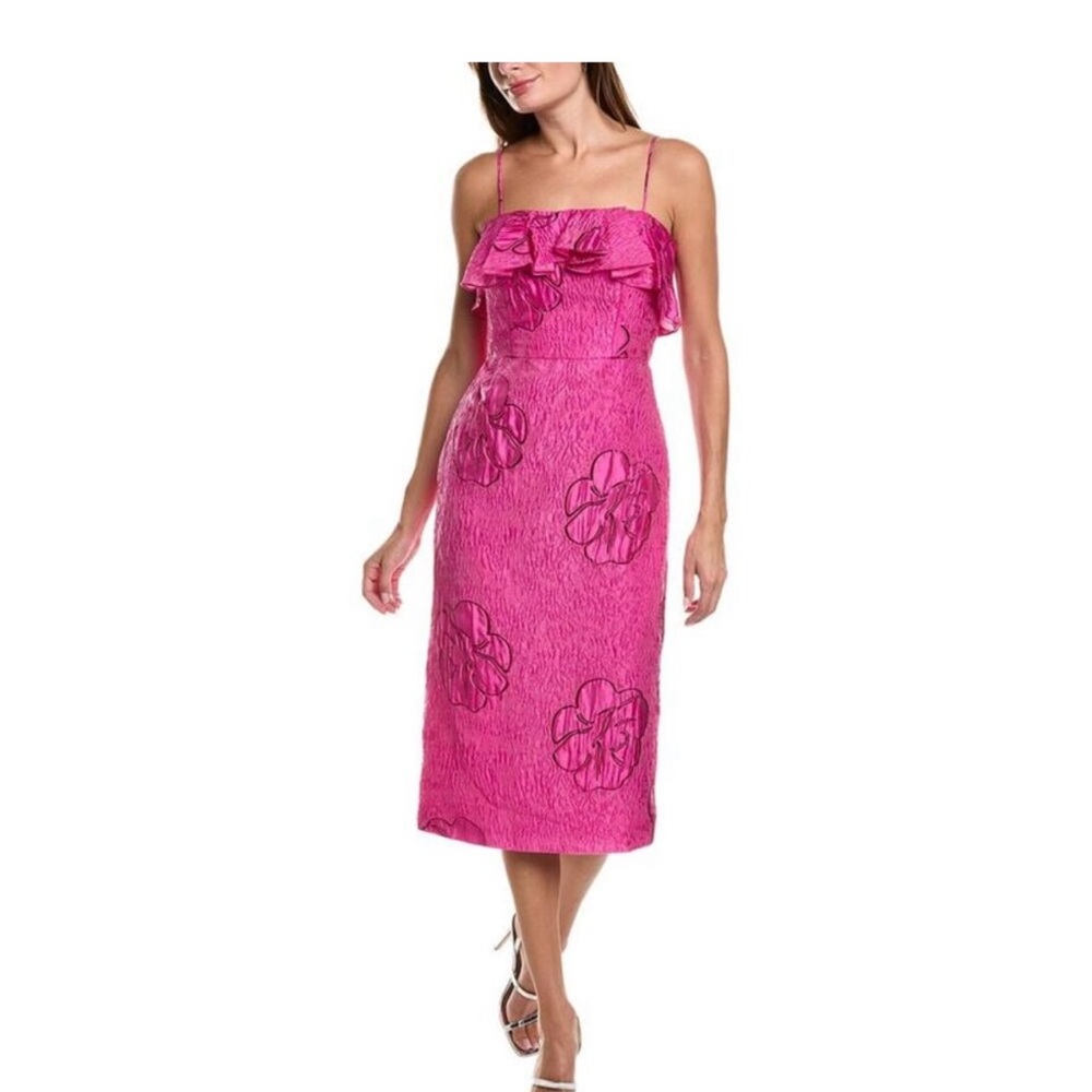 ML Monique Lhuillier Cynthia Jacquard Midi Dress, Size 8, Bright Pink- NWT